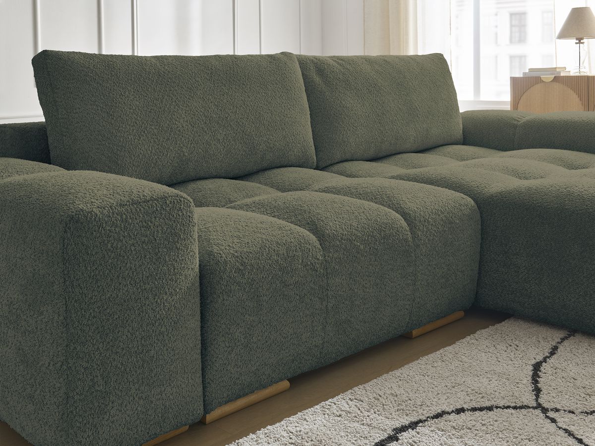 Canapé d'angle convertible réversible coffre ANAKIN tissu bouclette avec pouf