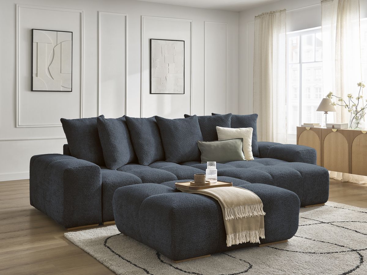Canapé d'angle convertible réversible coffre ANAKIN tissu bouclette avec pouf