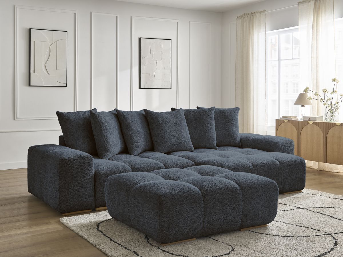 Canapé d'angle convertible réversible coffre ANAKIN tissu bouclette avec pouf