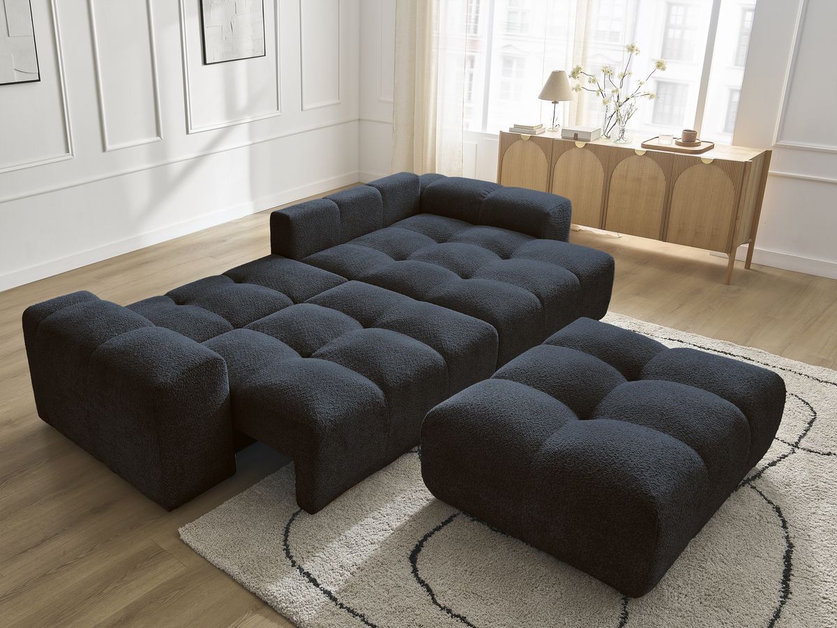 Canapé d'angle convertible réversible coffre ANAKIN tissu bouclette avec pouf