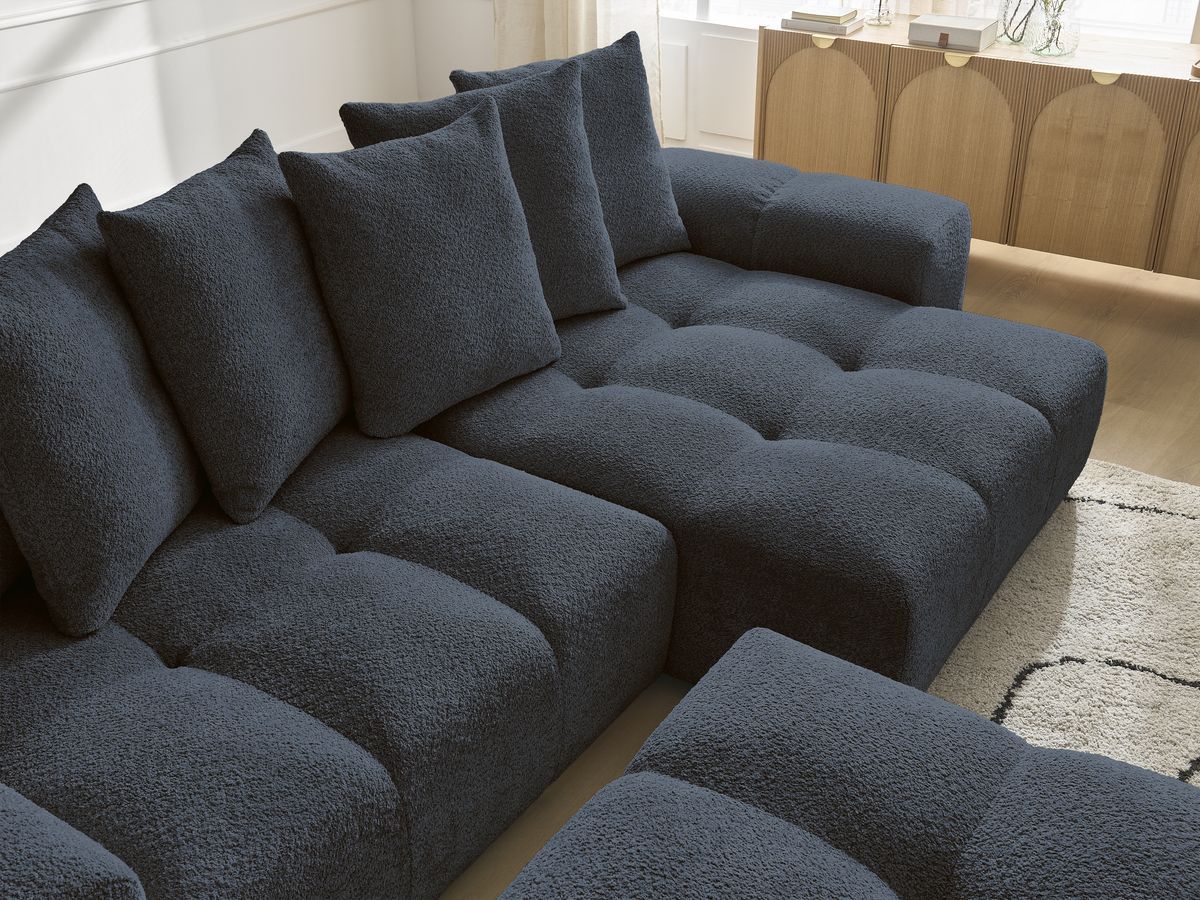 Canapé d'angle convertible réversible coffre ANAKIN tissu bouclette avec pouf