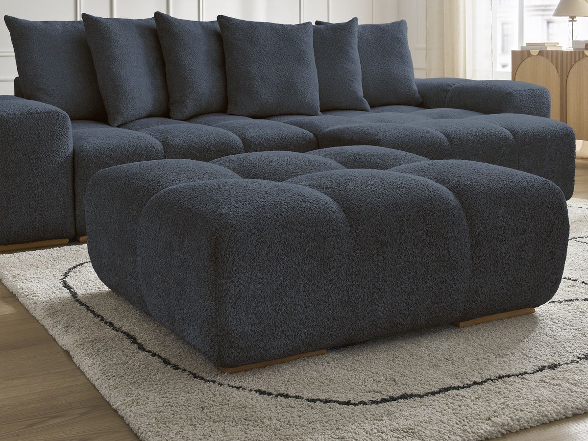 Canapé d'angle convertible réversible coffre ANAKIN tissu bouclette avec pouf