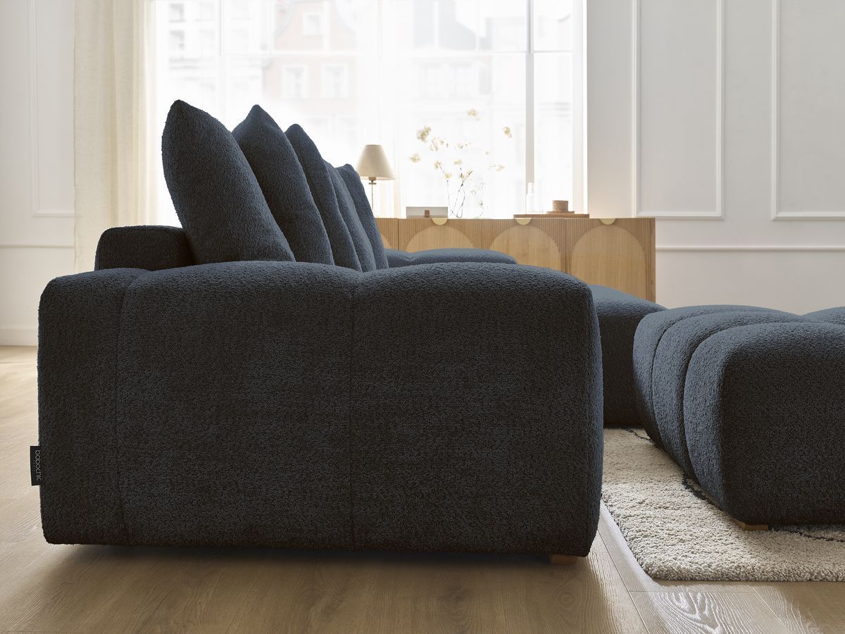Canapé d'angle convertible réversible coffre ANAKIN tissu bouclette avec pouf