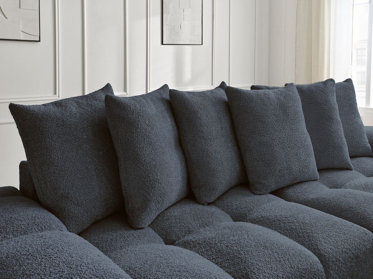 Canapé d'angle convertible réversible coffre ANAKIN tissu bouclette avec pouf