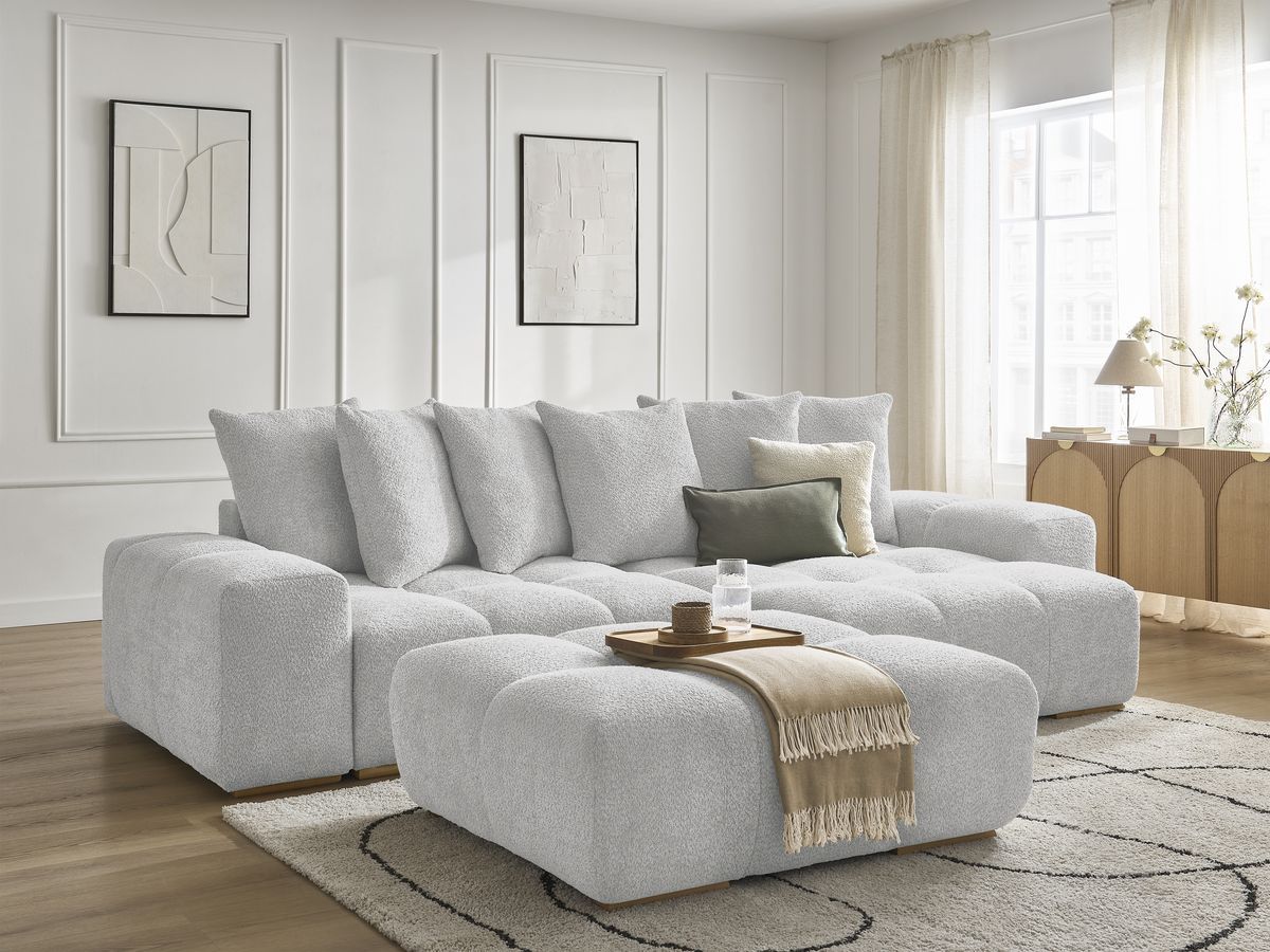 Canapé d'angle convertible réversible coffre ANAKIN tissu bouclette avec pouf