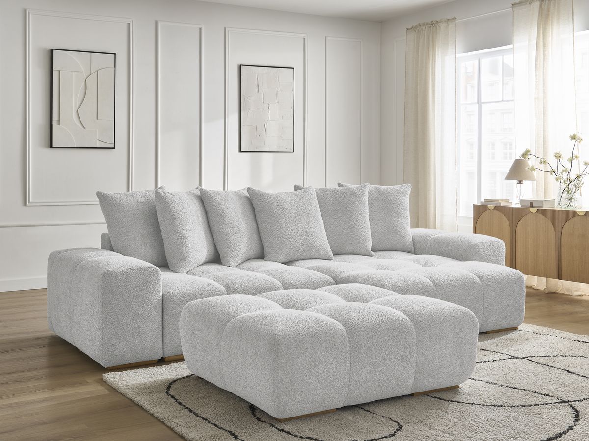 Canapé d'angle convertible réversible coffre ANAKIN tissu bouclette avec pouf