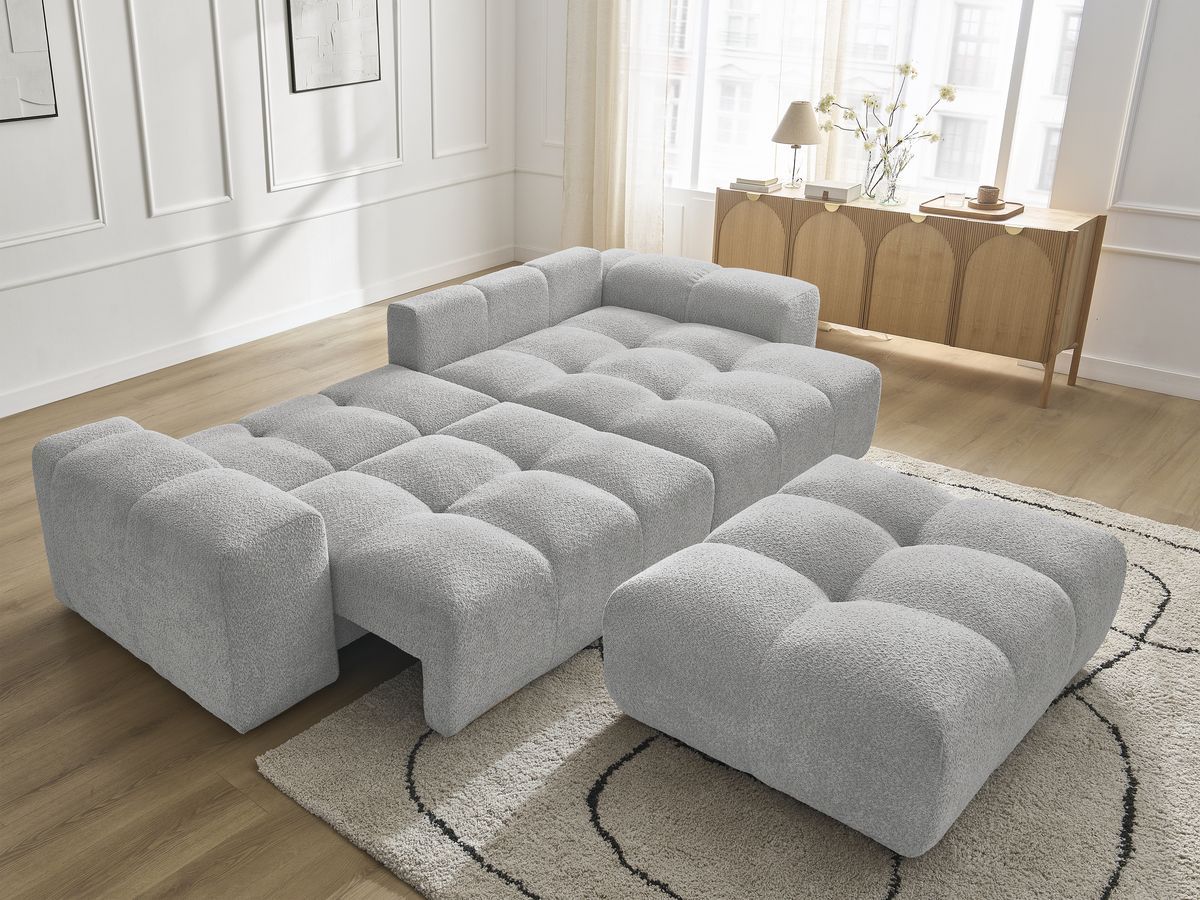 Canapé d'angle convertible réversible coffre ANAKIN tissu bouclette avec pouf