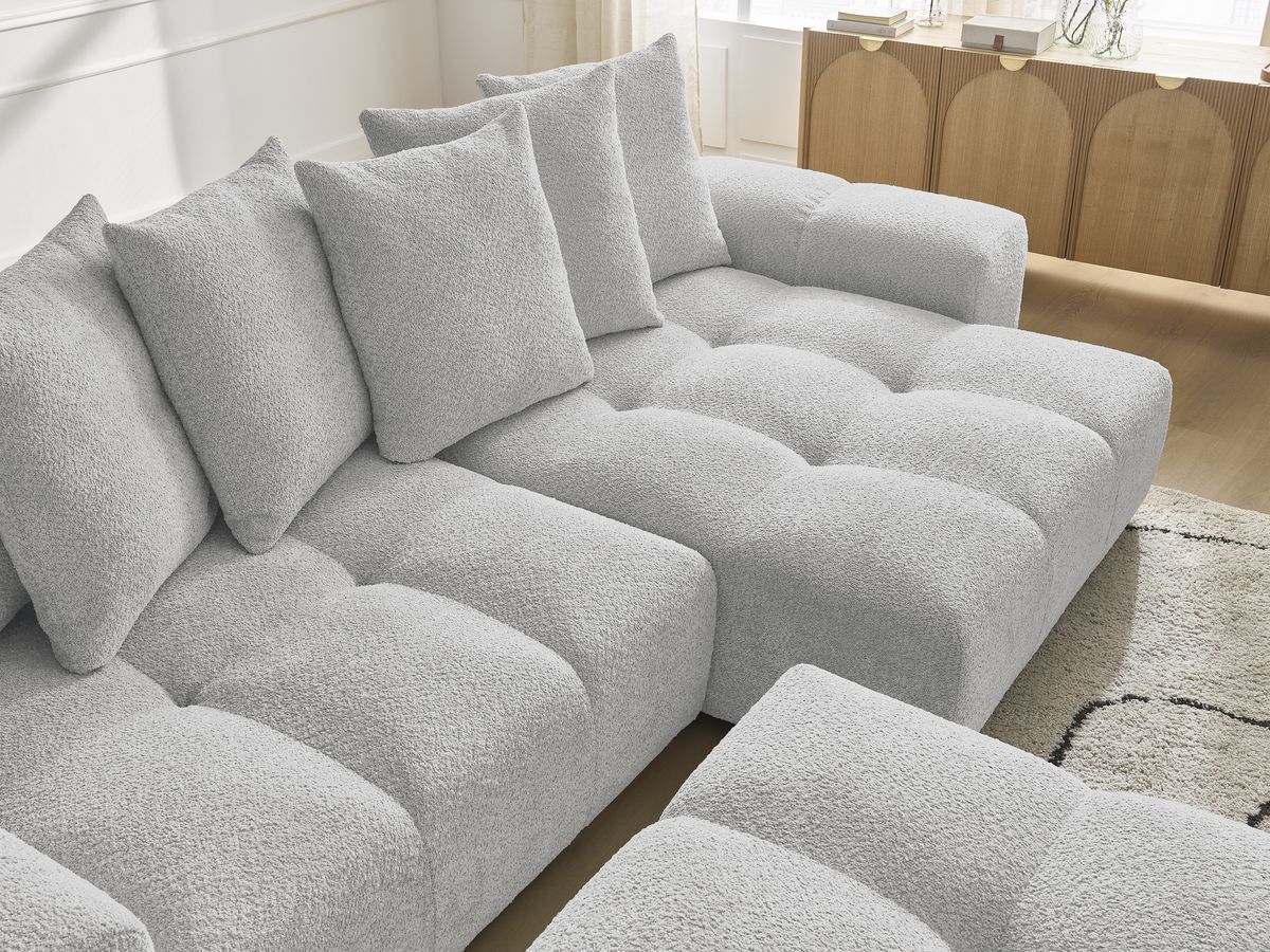 Canapé d'angle convertible réversible coffre ANAKIN tissu bouclette avec pouf