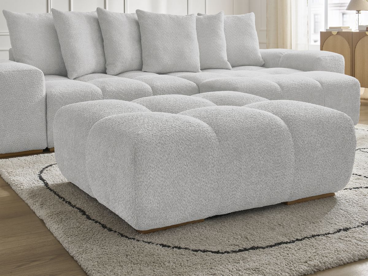 Canapé d'angle convertible réversible coffre ANAKIN tissu bouclette avec pouf