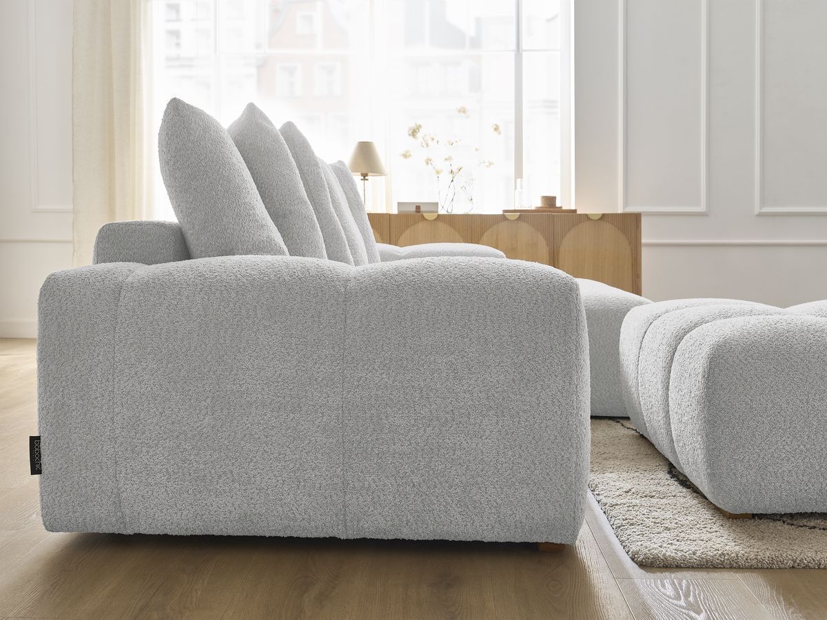 Canapé d'angle convertible réversible coffre ANAKIN tissu bouclette avec pouf