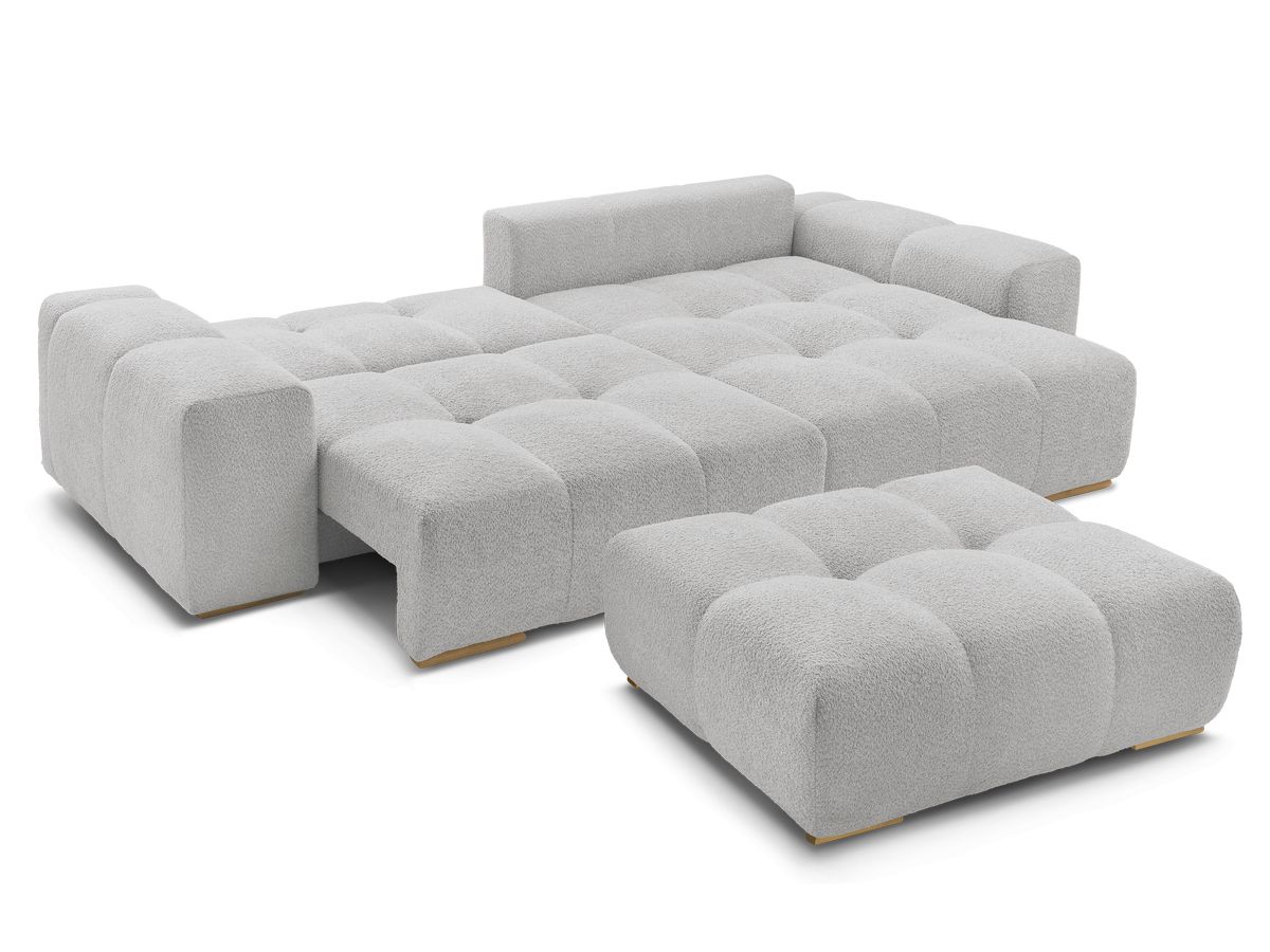 Canapé d'angle convertible réversible coffre ANAKIN tissu bouclette avec pouf