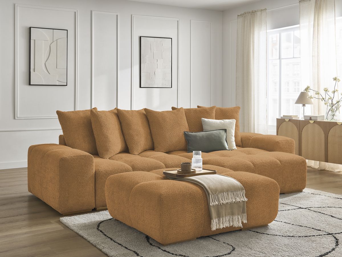 Canapé d'angle fixe EVEREST tissu chiné - Orange - Angle droit - 10 coussins