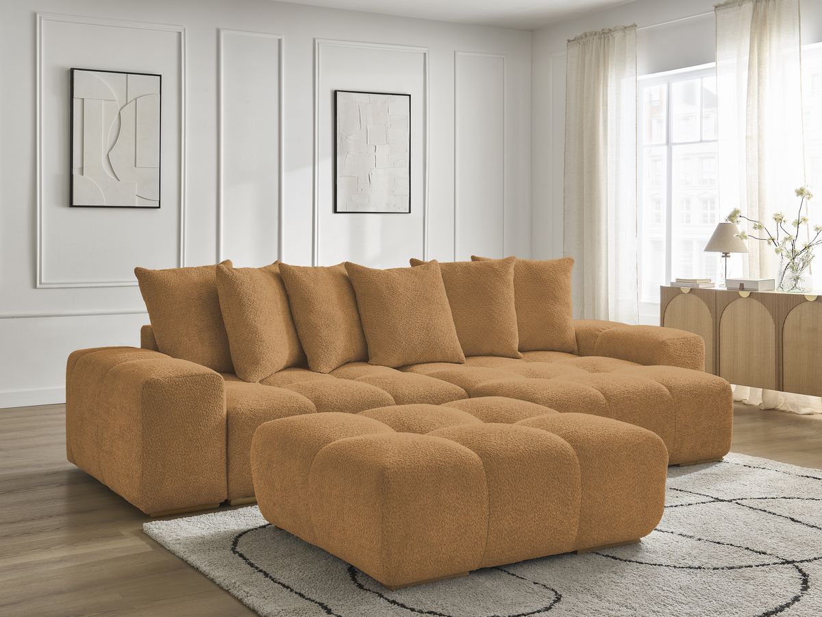 Canapé d'angle fixe EVEREST tissu chiné - Orange - Angle droit - 10 coussins