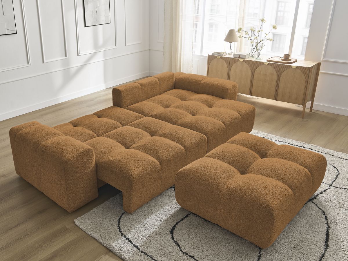 Canapé d'angle fixe EVEREST tissu chiné - Orange - Angle droit - 10 coussins