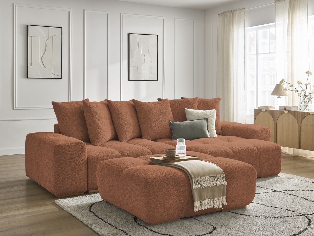 Canapé d'angle fixe EVEREST tissu chiné - Orange - Angle droit - 10 coussins