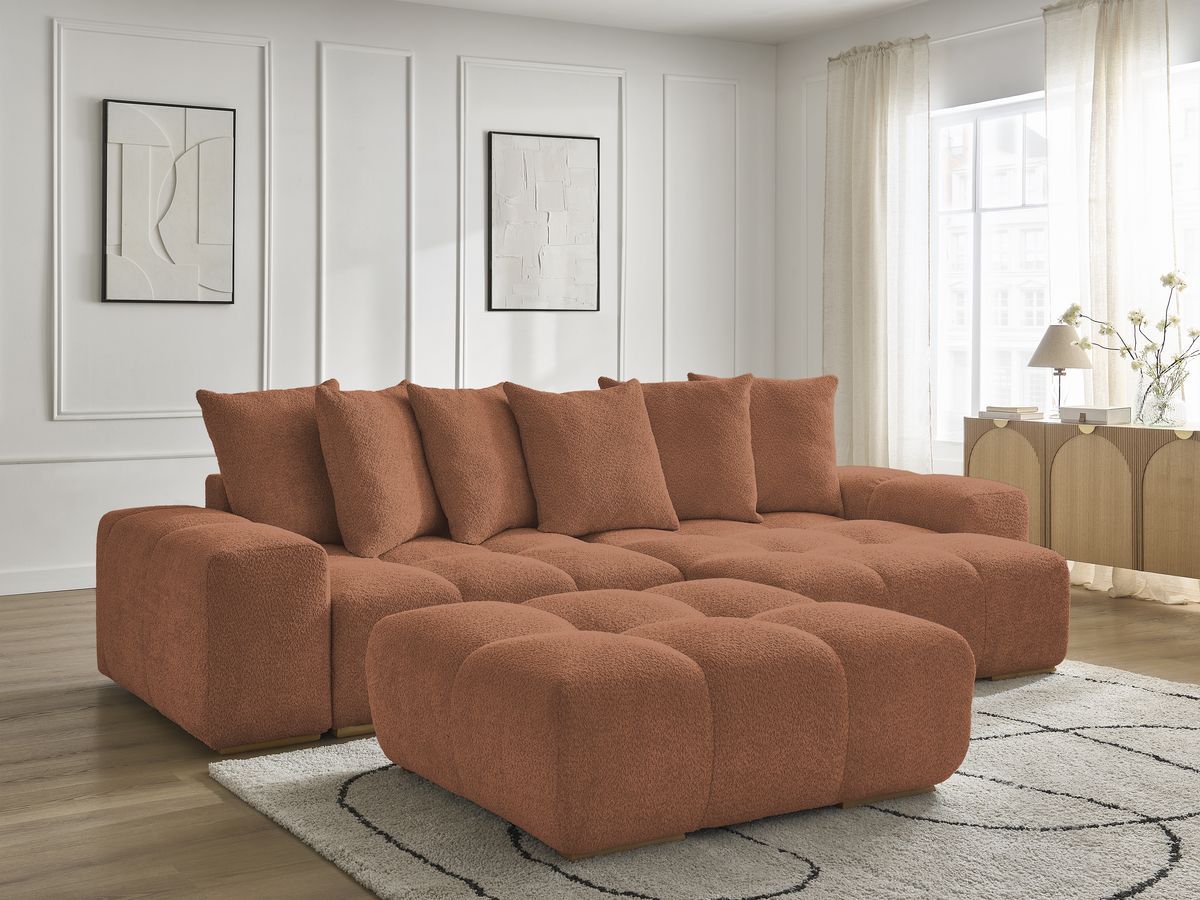 Canapé d'angle fixe EVEREST tissu chiné - Orange - Angle droit - 10 coussins