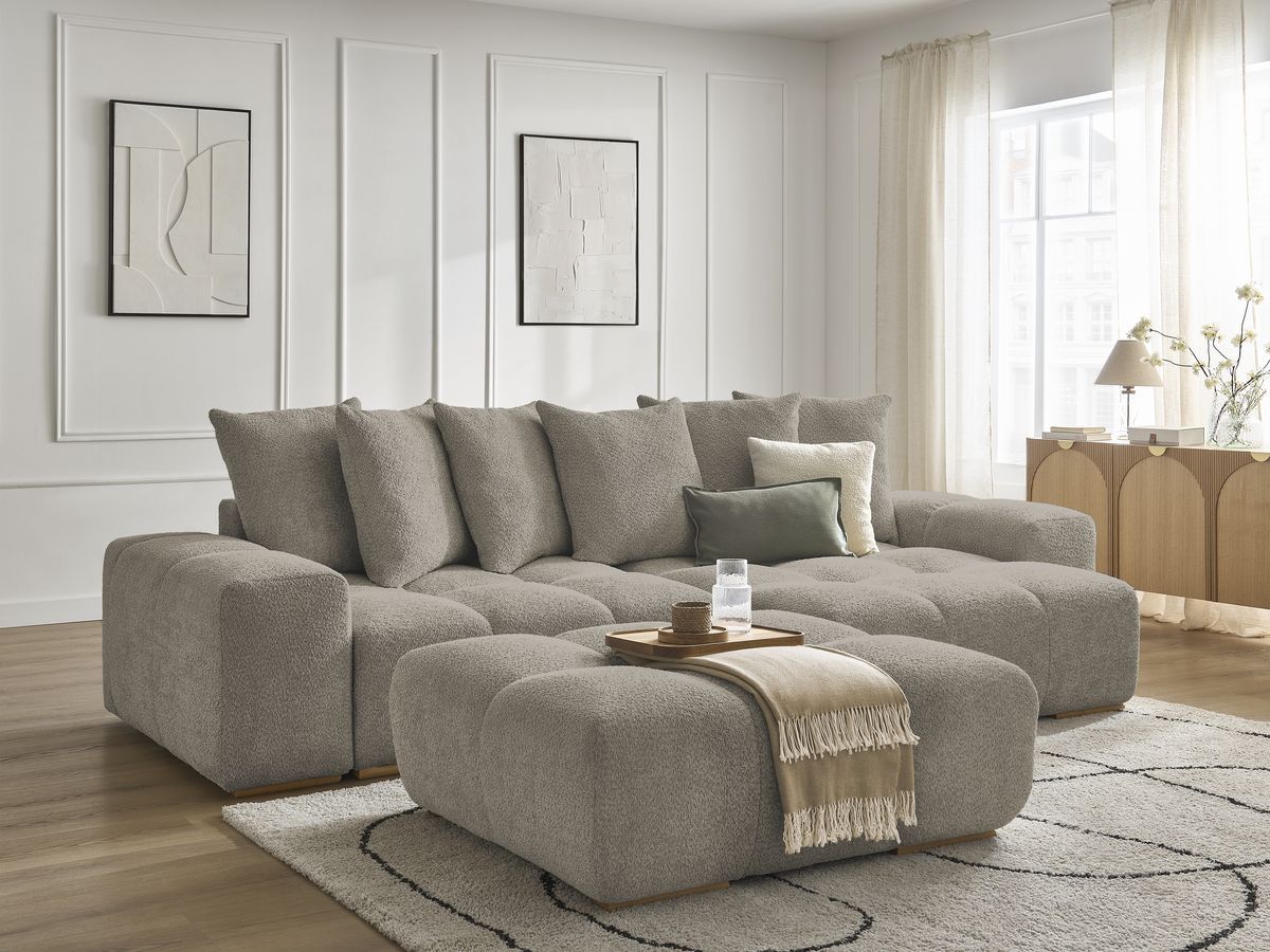 Canapé d'angle convertible réversible coffre ANAKIN tissu bouclette avec pouf