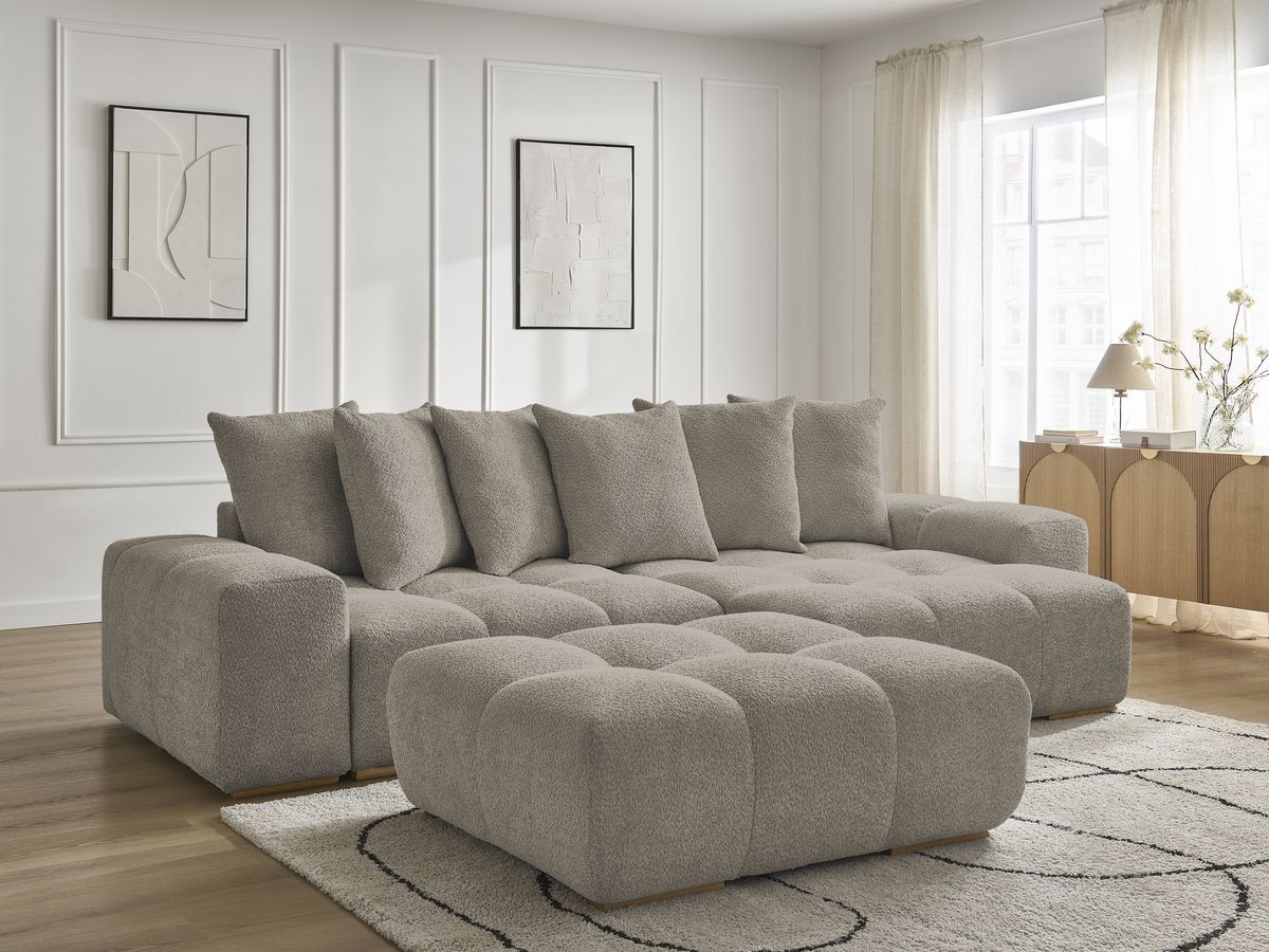 Canapé d'angle convertible réversible coffre ANAKIN tissu bouclette avec pouf