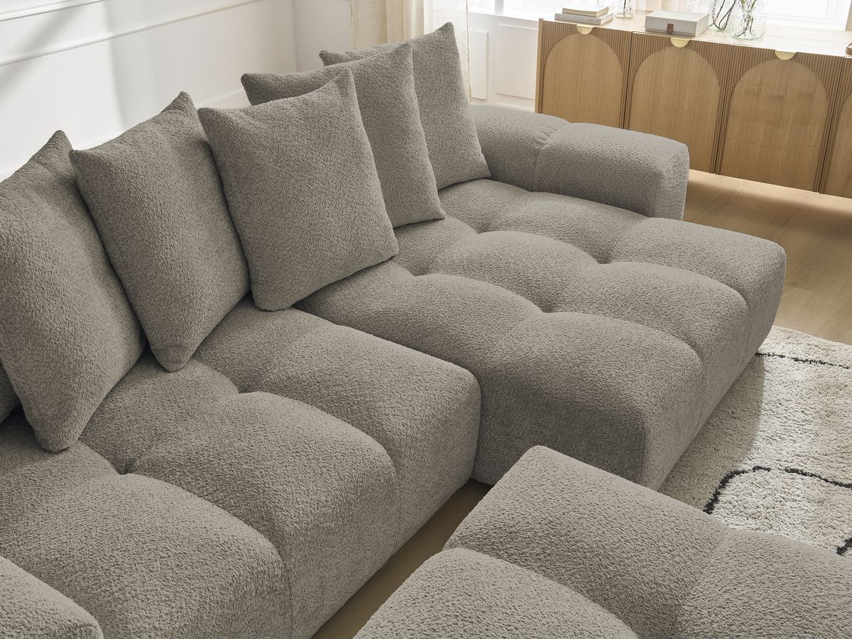 Canapé d'angle convertible réversible coffre ANAKIN tissu bouclette avec pouf