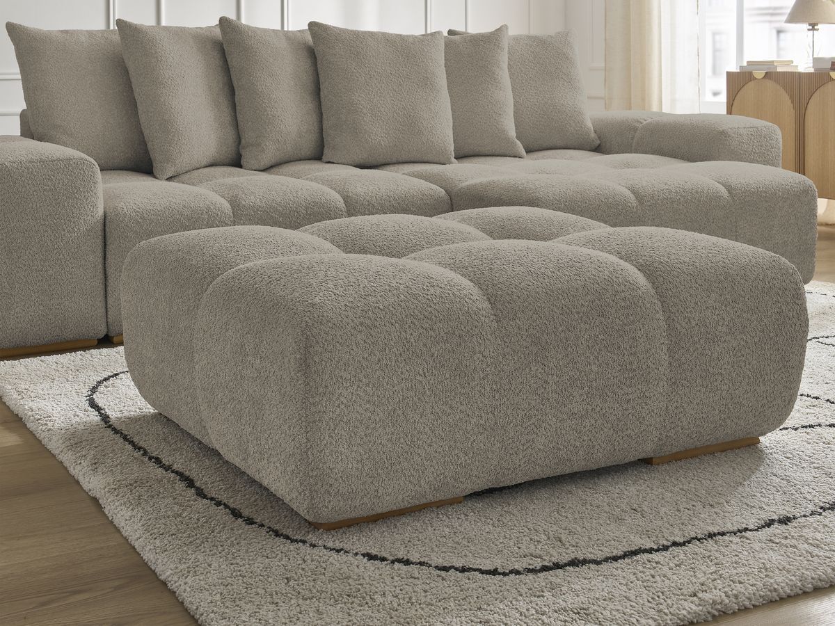 Canapé d'angle convertible réversible coffre ANAKIN tissu bouclette avec pouf