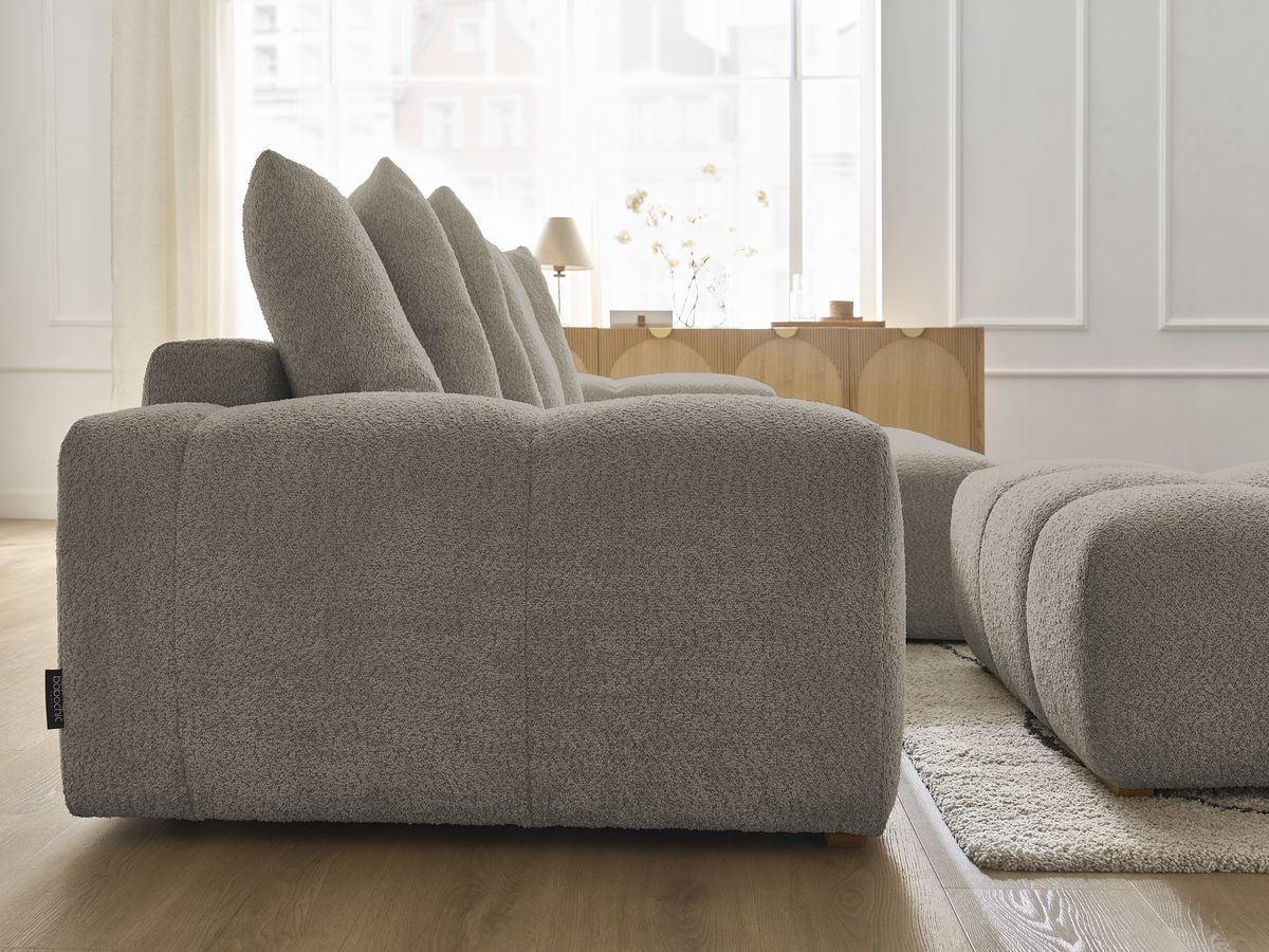 Canapé d'angle convertible réversible coffre ANAKIN tissu bouclette avec pouf