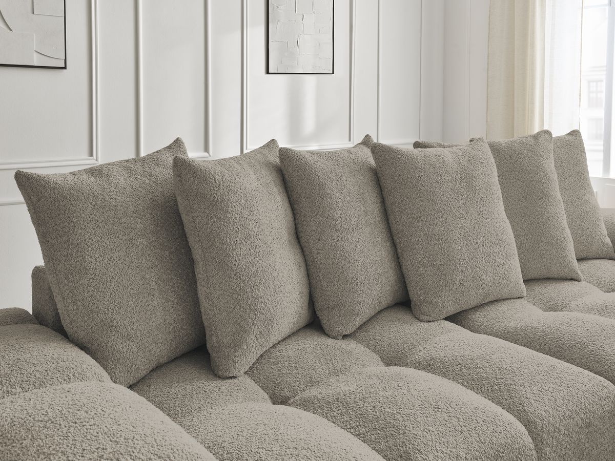 Canapé d'angle convertible réversible coffre ANAKIN tissu bouclette avec pouf