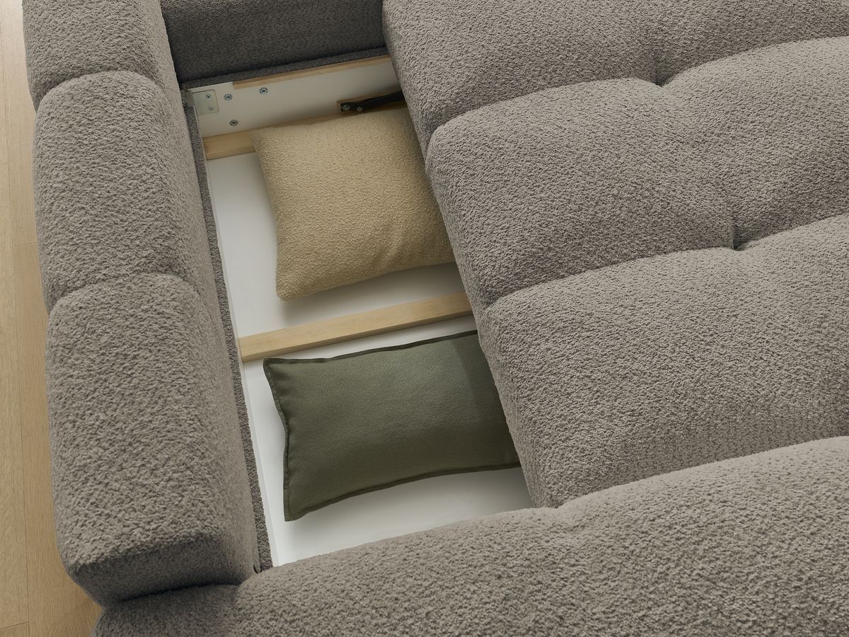 Canapé d'angle convertible réversible coffre ANAKIN tissu bouclette avec pouf