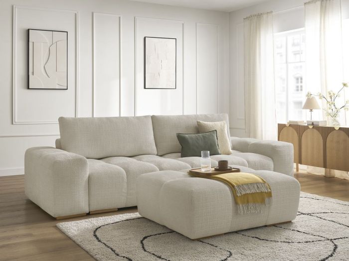 Canapé droit fixe 3 places ANAKIN tissu texturé avec pouf