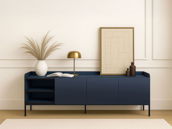 Meuble TV 2 portes 2 niches 160 cm AURIANE pieds métal noir