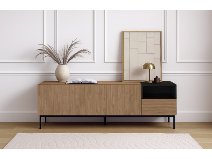 Meuble TV 3 portes 1 tiroir 180 cm CECILIA effet chêne