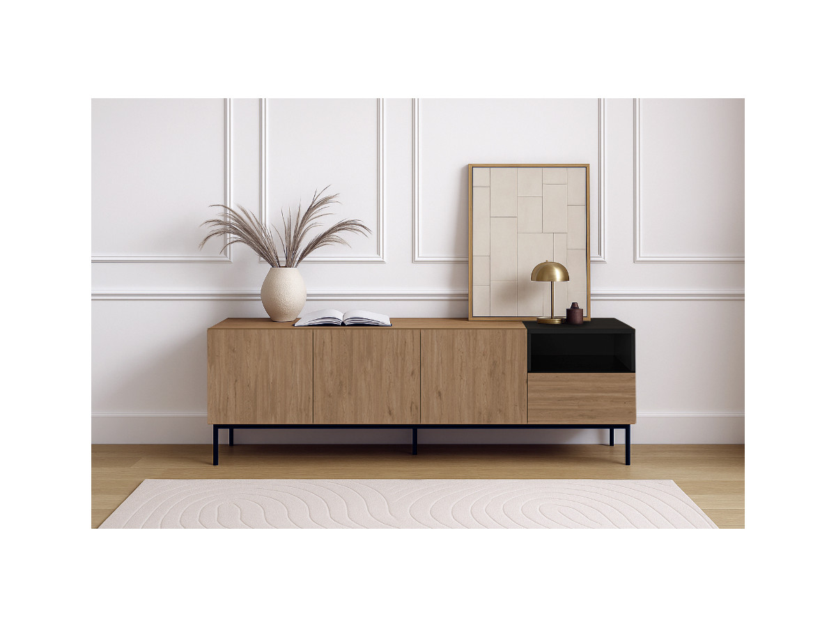 Meuble TV 3 portes 1 tiroir 180 cm CECILIA effet chêne
