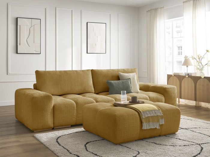 Canapé droit fixe 3 places ANAKIN tissu texturé avec pouf