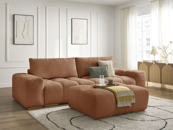 Canapé droit fixe 3 places ANAKIN tissu texturé avec pouf