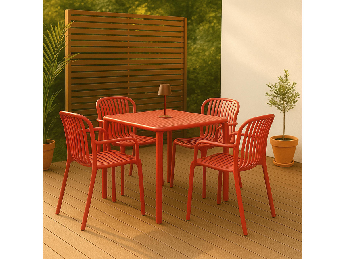 Ensemble de jardin RHODES avec table carrée 80 cm + 4 chaises avec accoudoirs