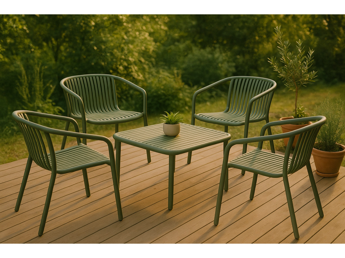 Salon de jardin RHODES avec table basse carrée 80 cm + 4 fauteuils