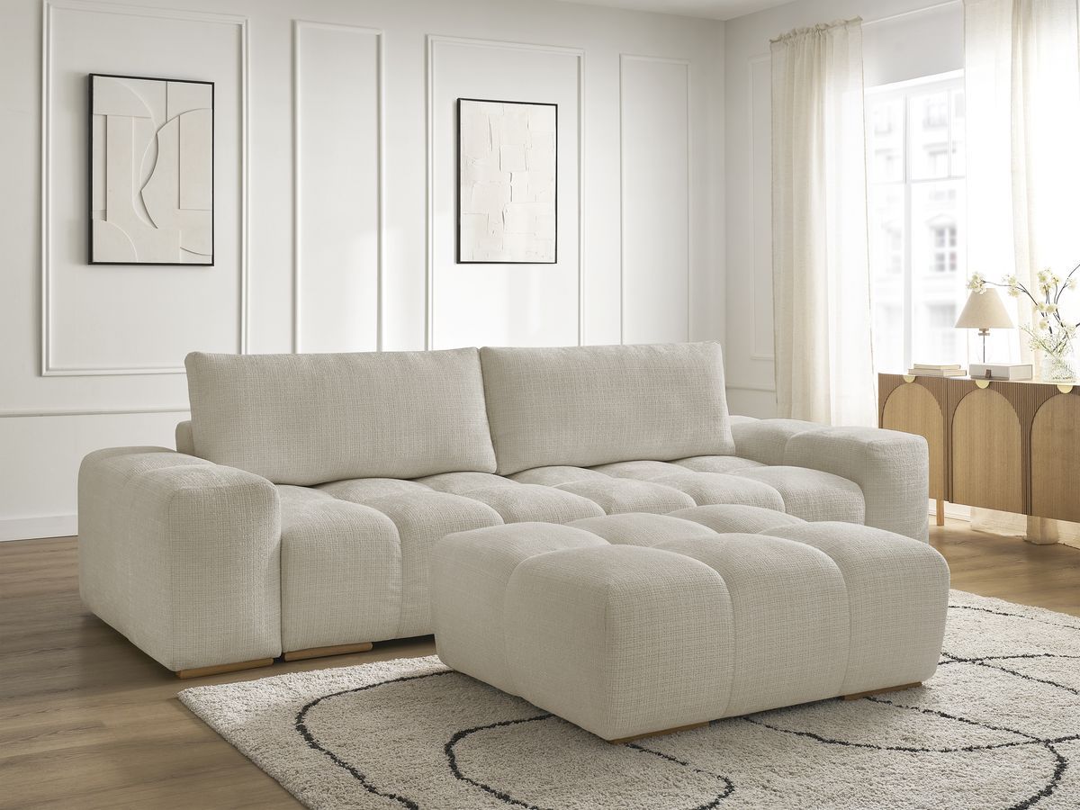 Canapé droit convertible coffre ANAKIN tissu texturé avec pouf