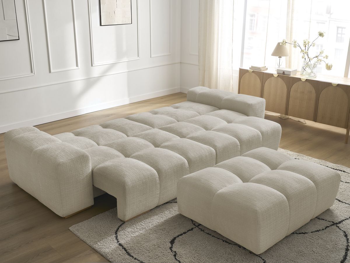 Canapé droit convertible coffre ANAKIN tissu texturé avec pouf