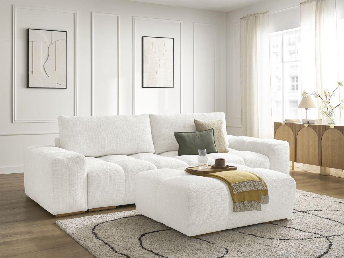 Canapé droit convertible coffre ANAKIN tissu texturé avec pouf