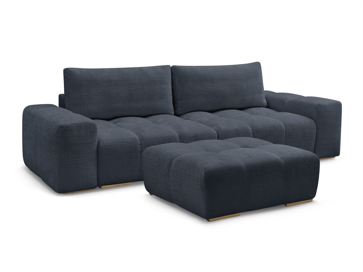 canapé droit convertible coffre anakin tissu texturé avec pouf de couleur bleu foncé