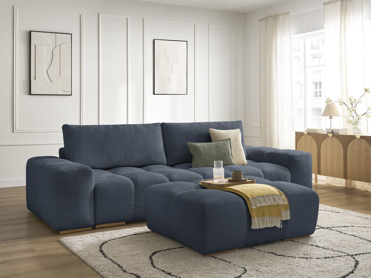 Canapé droit convertible coffre ANAKIN tissu texturé avec pouf