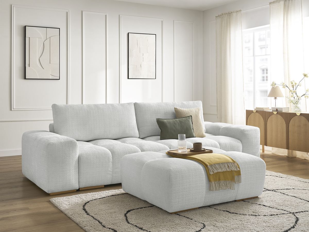 Canapé droit convertible coffre ANAKIN tissu texturé avec pouf