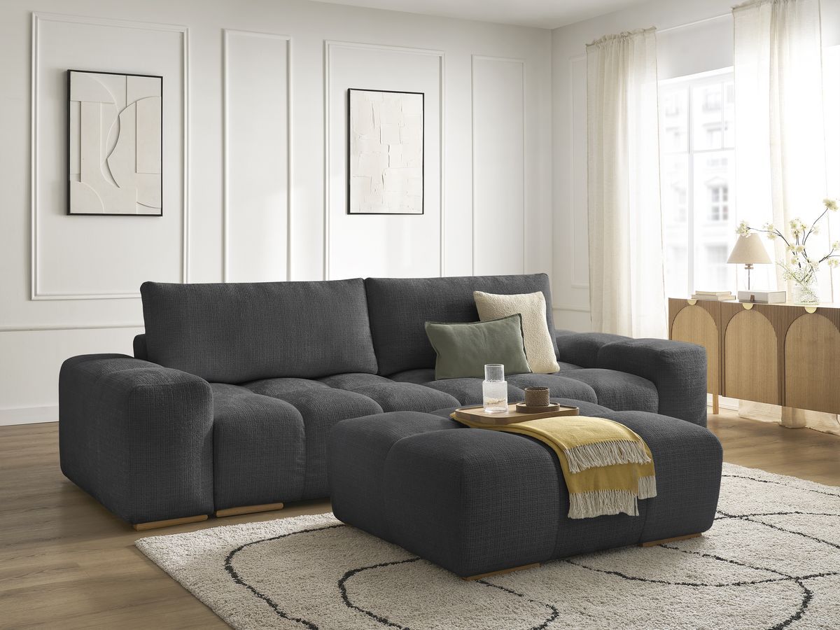 Canapé droit convertible coffre ANAKIN tissu texturé avec pouf