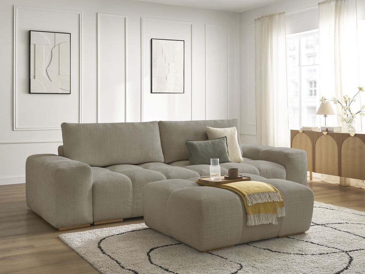 Canapé droit convertible coffre ANAKIN tissu texturé avec pouf