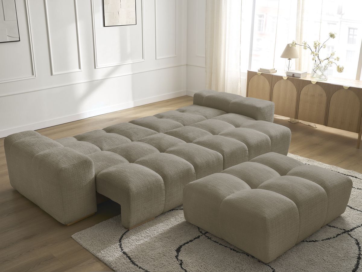 Canapé droit convertible coffre ANAKIN tissu texturé avec pouf