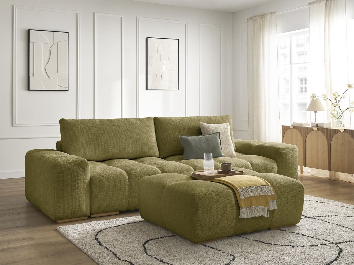 Canapé droit convertible coffre ANAKIN tissu texturé avec pouf
