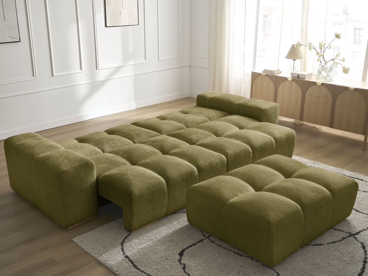 Canapé droit convertible coffre ANAKIN tissu texturé avec pouf