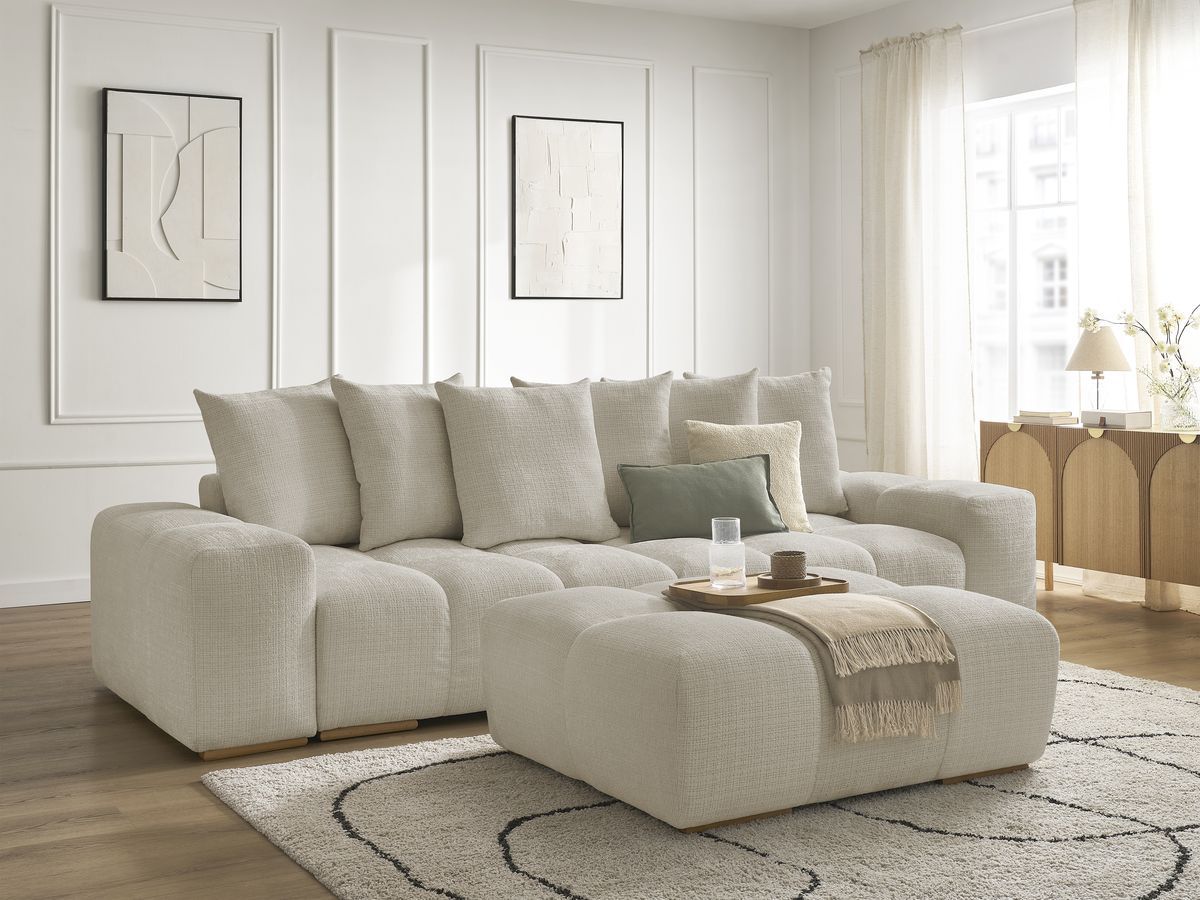 Canapé droit convertible coffre ANAKIN tissu texturé avec pouf