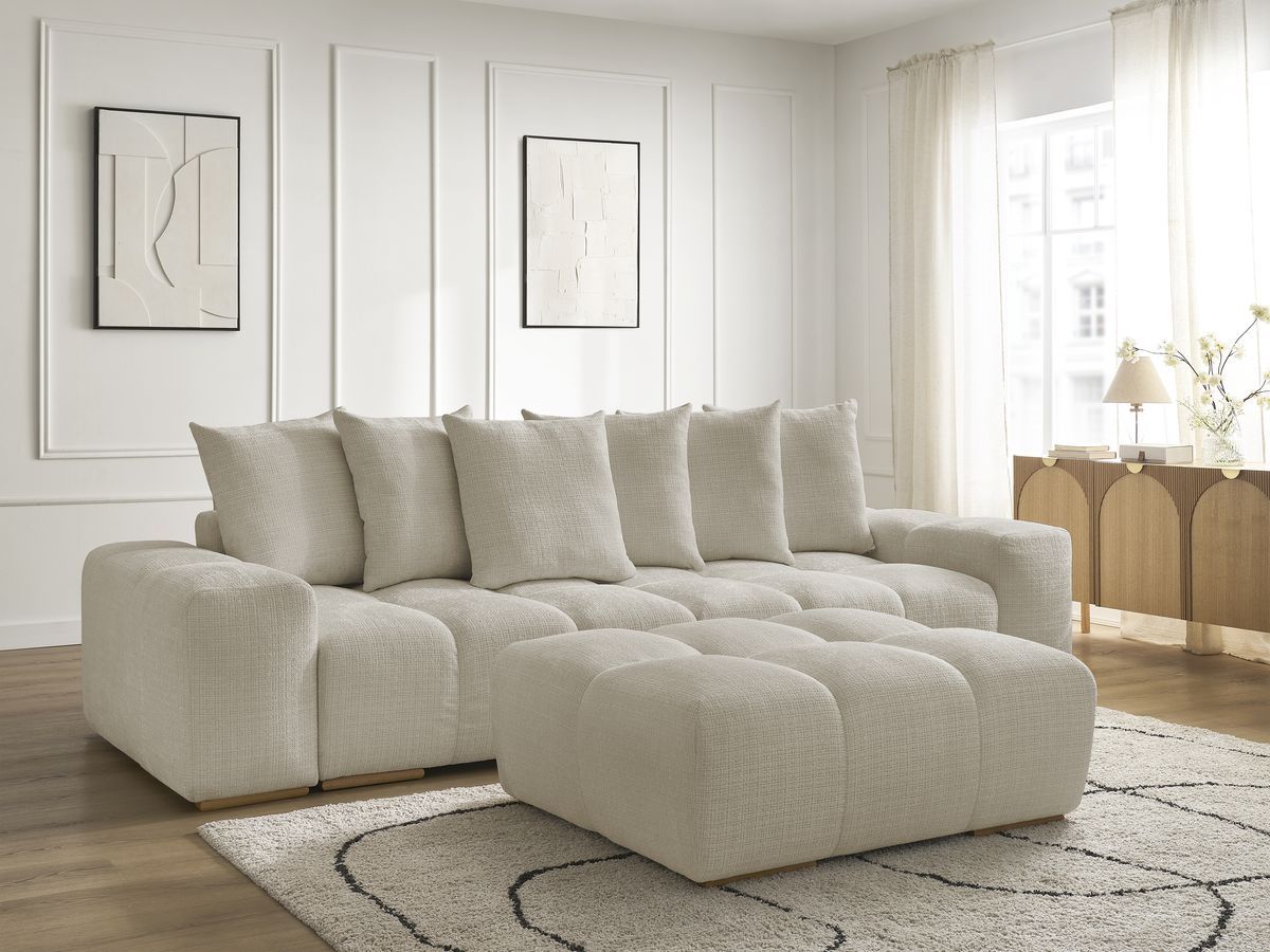 Canapé droit convertible coffre ANAKIN tissu texturé avec pouf