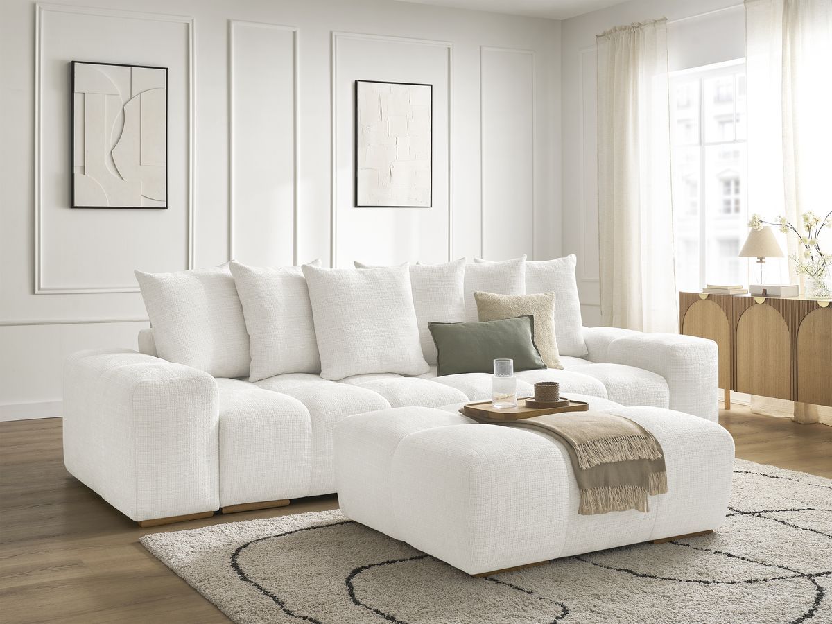 Canapé droit convertible coffre ANAKIN tissu texturé avec pouf