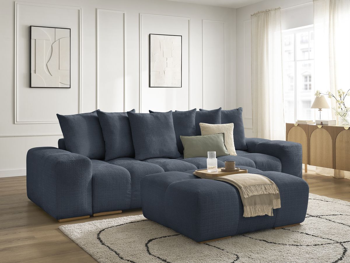Canapé droit convertible coffre ANAKIN tissu texturé avec pouf